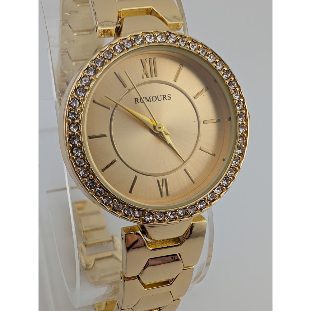 Rumours Watch Women 30mm Case Crystal Bezel 7.25" Gold Band- New Battery